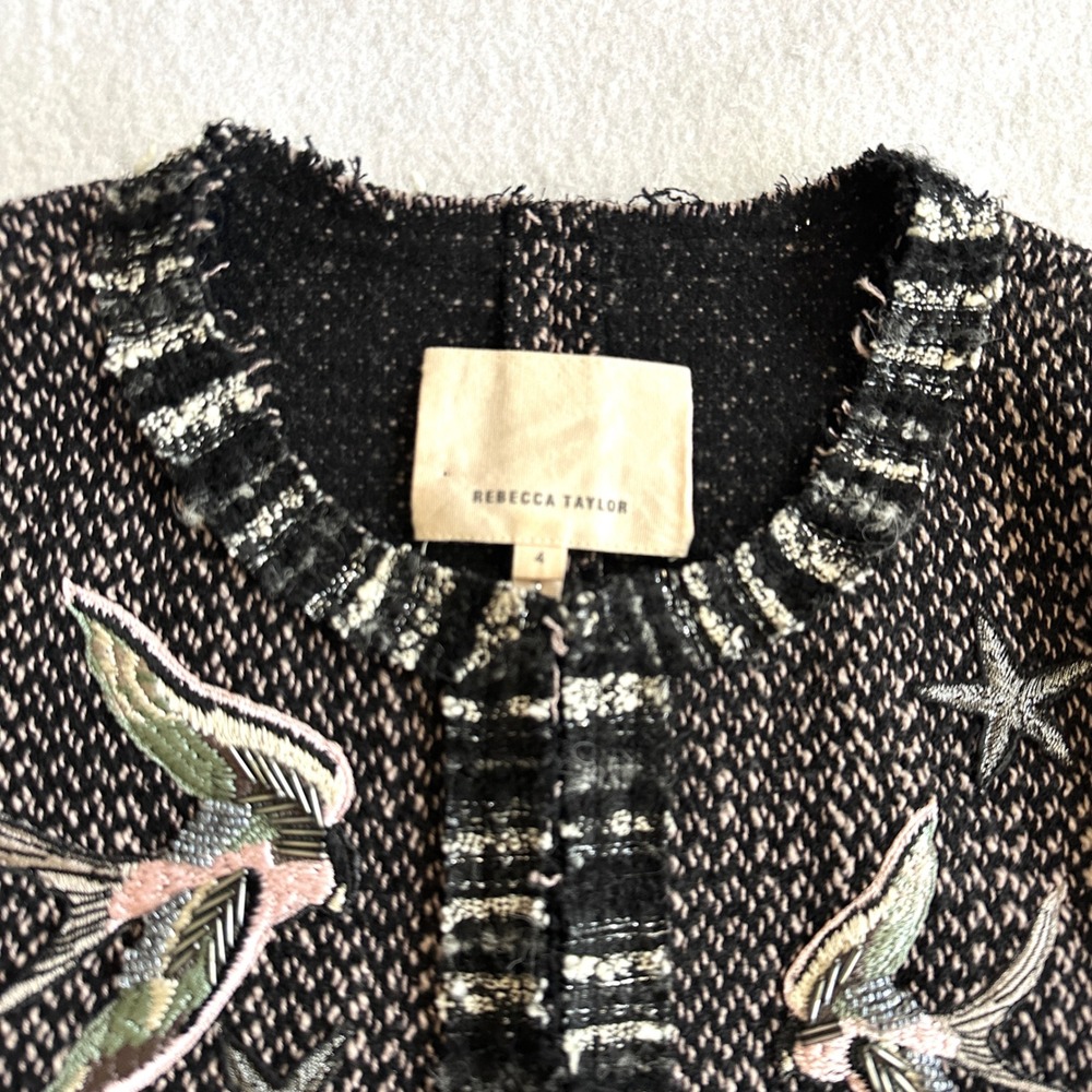 Rebecca Taylor Sz 4 Bird Embroidered Tweed Frayed Raw Hem Jacket Blazer Beaded - Picture 6 of 14